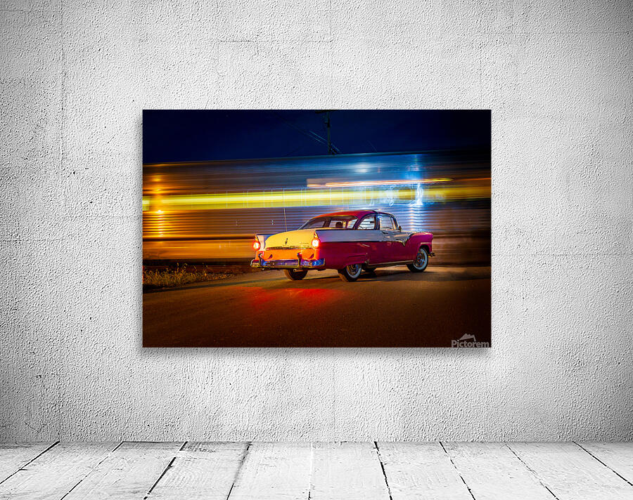 Vintage car at railroad crossing Wall Preview