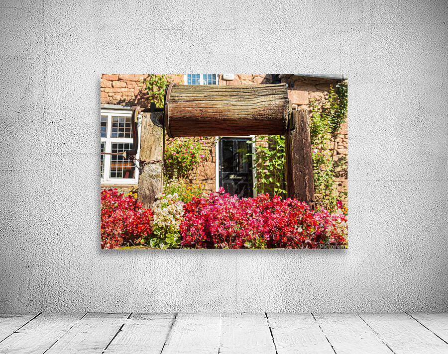 Wooden well winch frames welcome sign Wall Preview