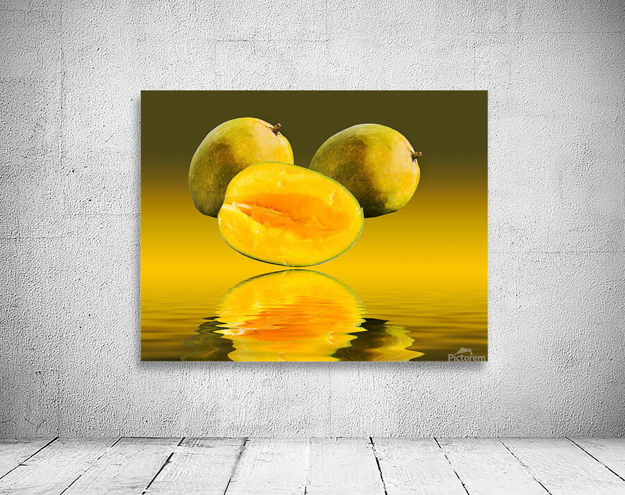 Two mangoes and one cut mango reflecting Wall Preview