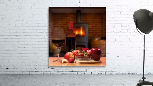 Red wine bottle and fruit with glass Wall Preview