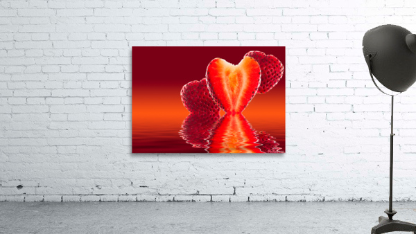 Fresh sliced strawberry in heart shape reflected Wall Preview