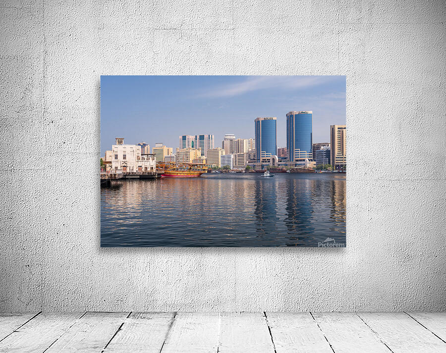 The Creek by Bur Dubai and Al Seef with large docked cruise boat Wall Preview