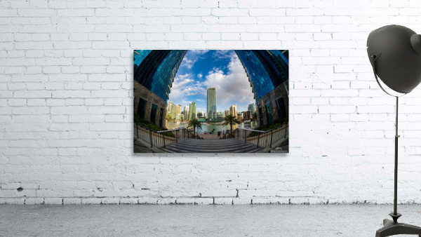 Fisheye view of tall buildings on waterfront at Dubai Marina Wall Preview