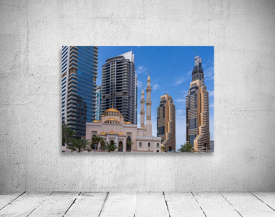 Mosque among towers on the waterfront at Dubai Marina UAE Wall Preview