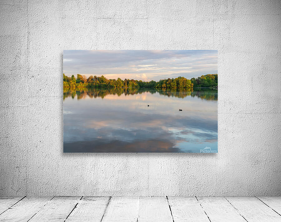 View across the Ellesmere Mere to a clear reflection of distant  Wall Preview