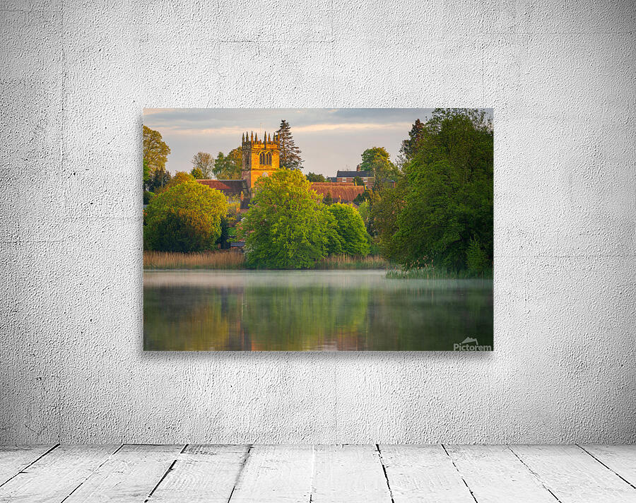 Sunset view across Ellesmere Mere in Shropshire to church Wall Preview