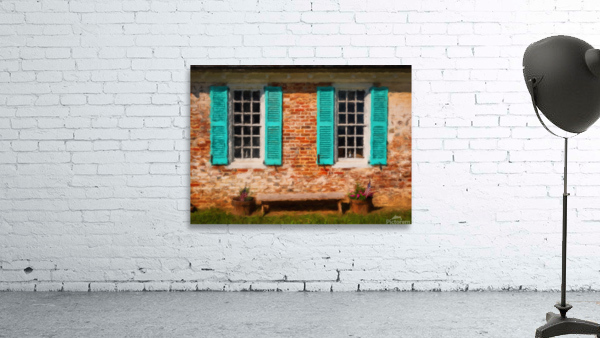 Painting of blue shutters against a white painted brick wall in  Wall Preview