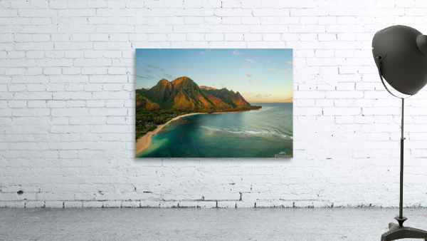 Aerial drone photo of Tunnels Beach at sunrise on Kauai in Hawaii Wall Preview