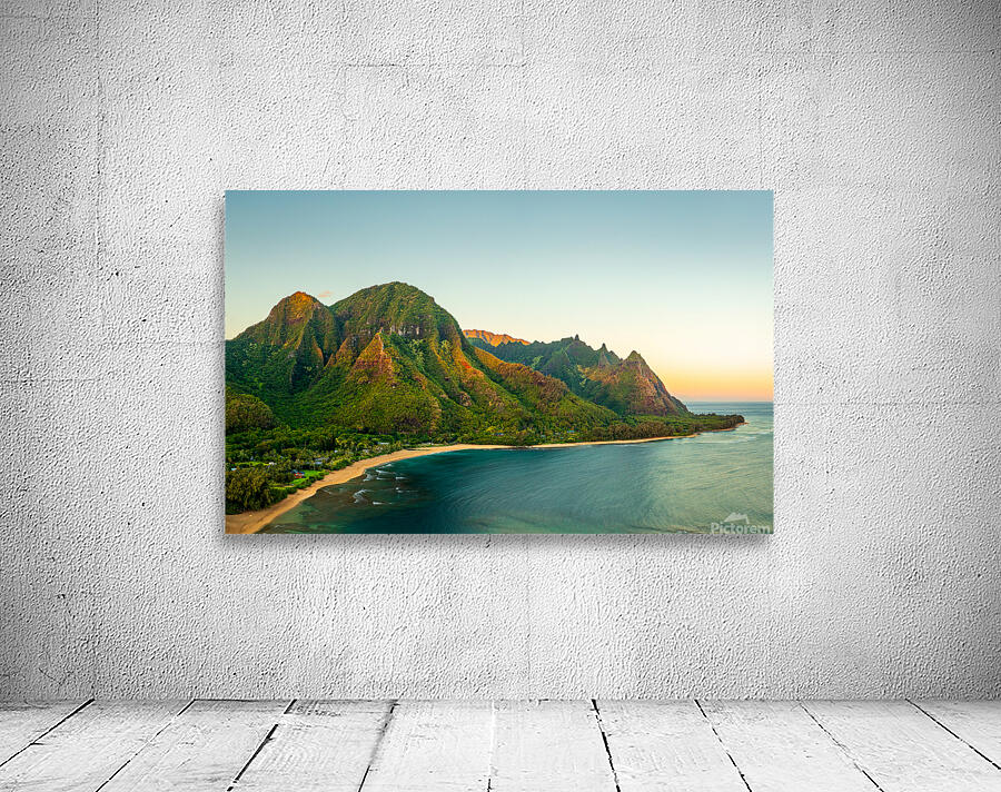 Sunrise aerial view of Tunnels Beach at dawn on Kauai in Hawaii Wall Preview