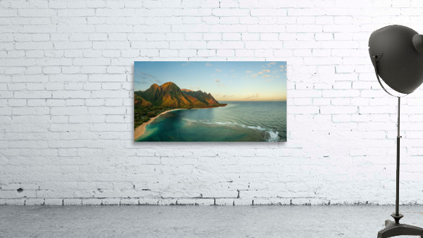 Panorama aerial view of Tunnels Beach at sunrise on Kauai in Hawaii Wall Preview