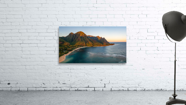 Aerial drone shot of Tunnels Beach at sunrise on Kauai in Hawaii Wall Preview