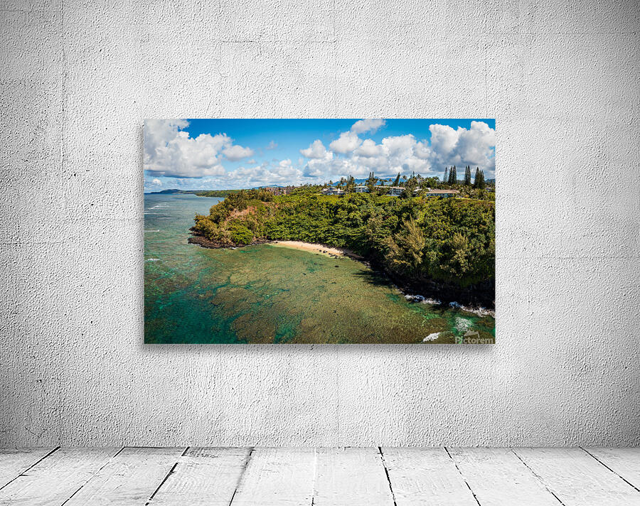 Overhead panorama view of Sealodge beach in Princeville on Kauai Wall Preview