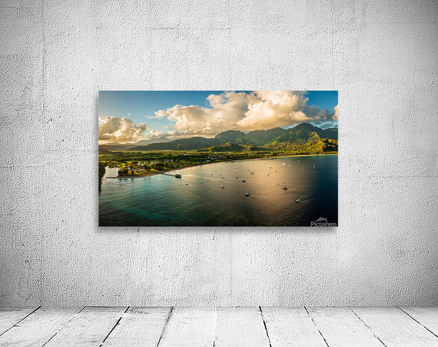 Aerial panorama over the town of Hanalei and valley at sunrise Wall Preview
