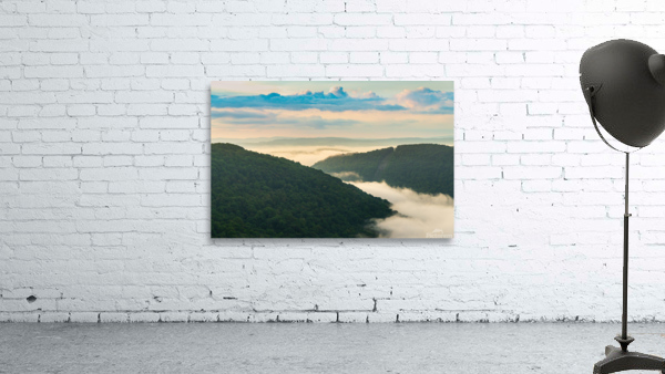 Mist swirling over Cheat River gorge at sunrise near Raven Rock Wall Preview