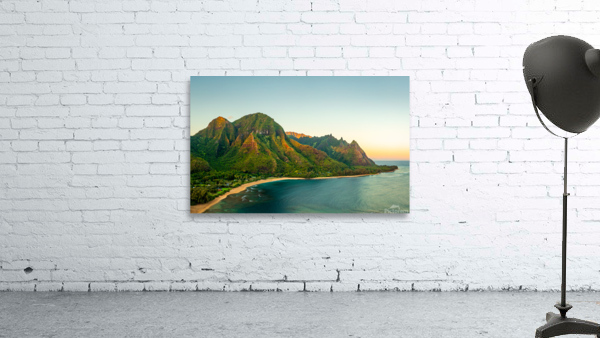 Aerial shot of Tunnels Beach at sunrise on Kauai in Hawaii Wall Preview