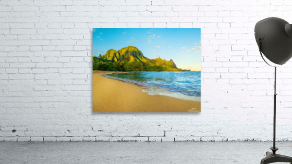 Oil painting sunrise over Tunnels Beach on Kauai in Hawaii Wall Preview