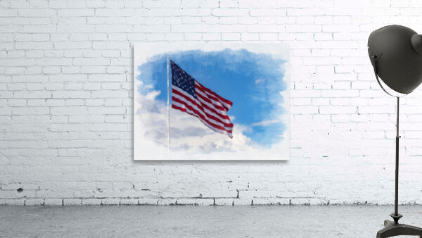 Digital art of USA stars and stripes flag against blue sky Wall Preview