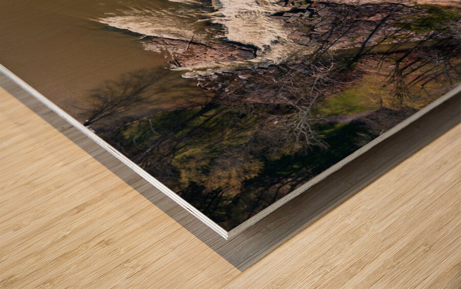 Top down over flooded Valley Falls on a bright spring morning Impression sur bois