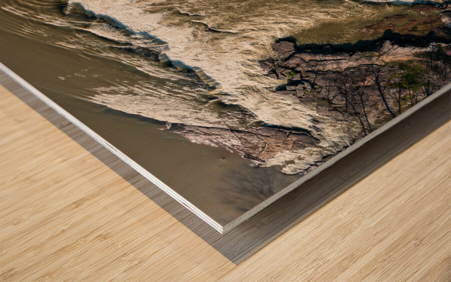 Top down over flooded Valley Falls on a bright spring morning Impression sur bois