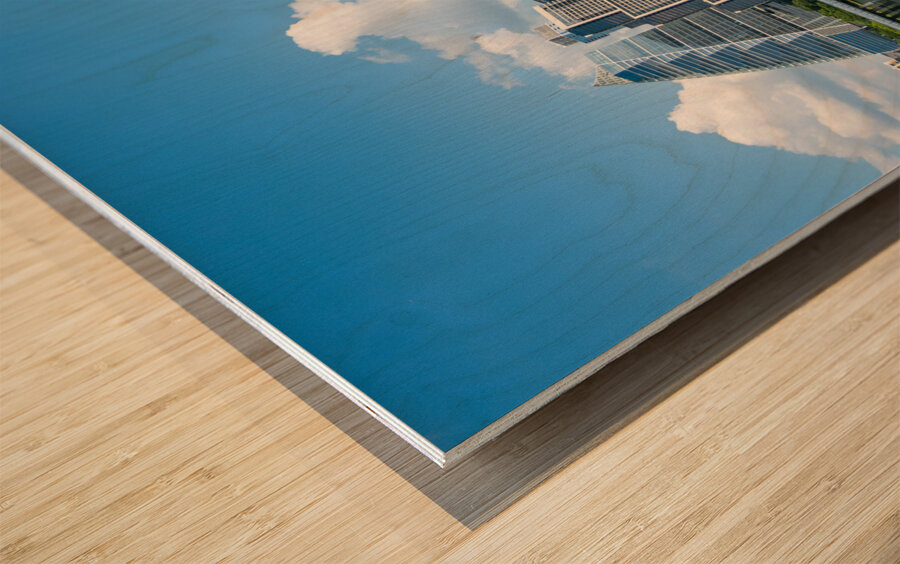 Cityscape of offices in Austin Texas across Lady Bird Lake Wood print