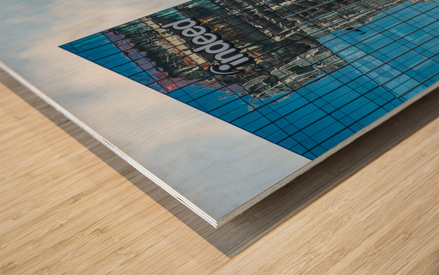 Reflections of other towers in Indeed HQ building in Austin TX Wood print
