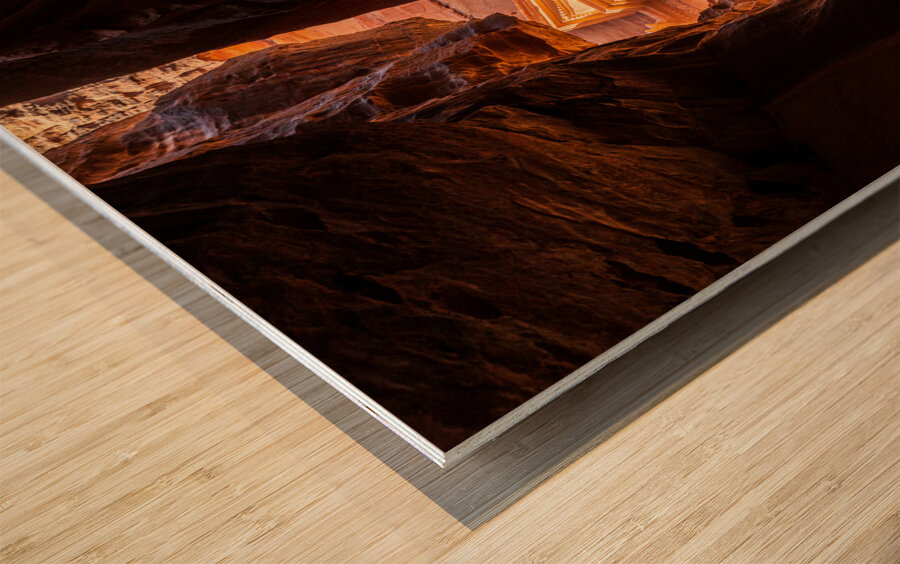 Petra Treasury building facade seen through narrow gorge Wood print