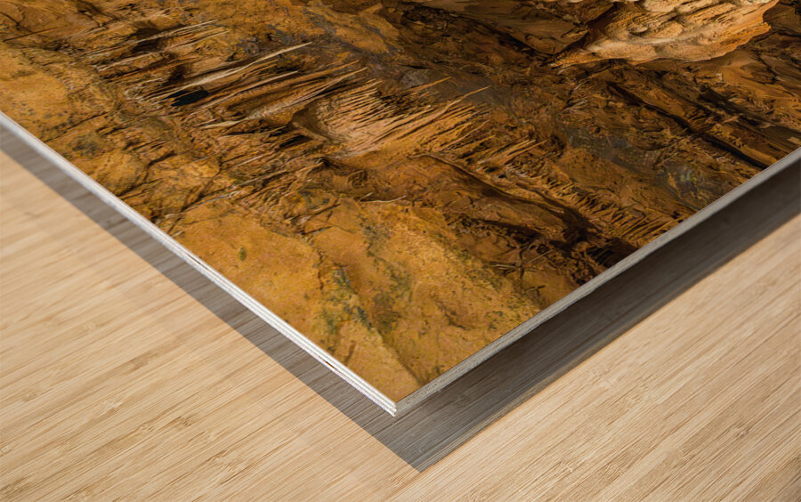 Geologic formations of stalactites and stalagmites in Texas cave Wood print