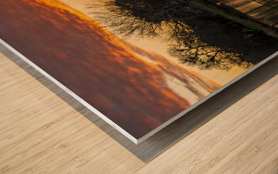 Dramatic sunset over Legacy Hills Park lake and golf course near Wood print