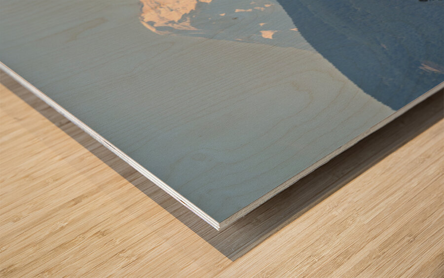 Shades of blue with Mt Baker in misty distance behind Samish Isl Wood print