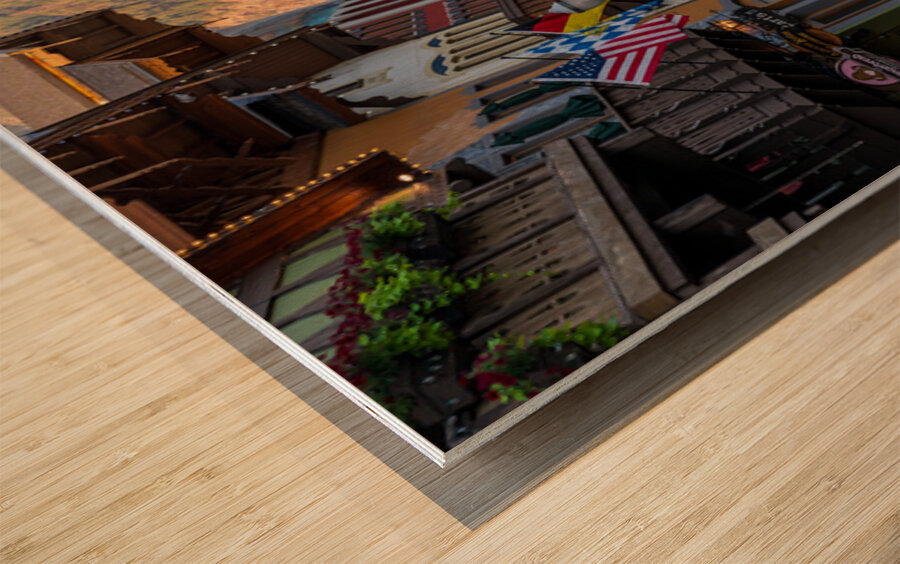 Front street of Leavenworh WA with Alpine German restaurants and Wood print