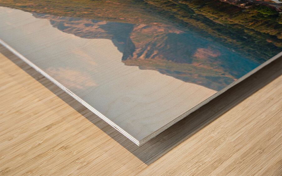 Aerial view of Leavenworth the Bavarian Alpine village in Casca Wood print