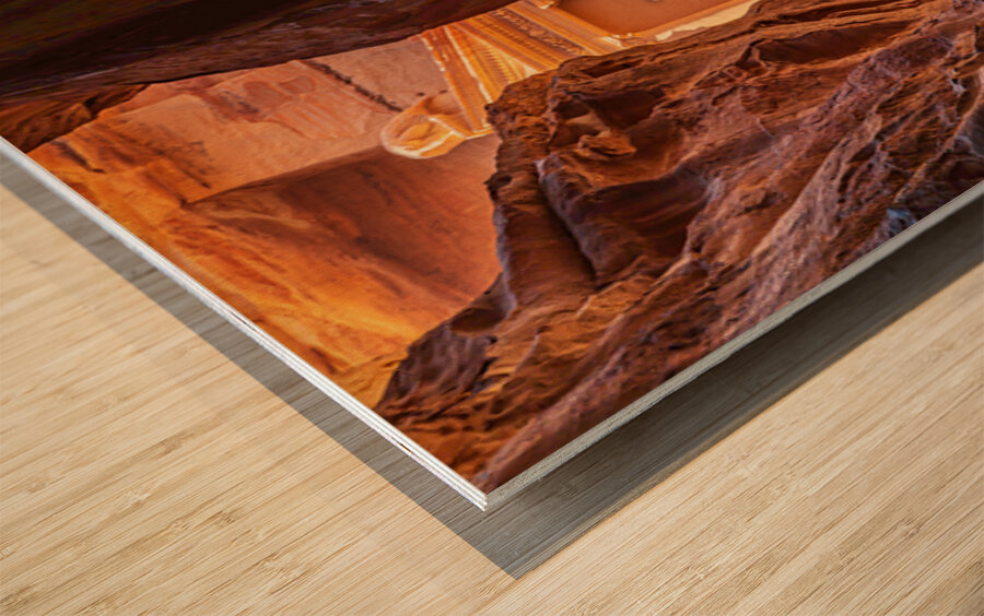 Petra Treasury building facade seen through narrow gorge Wood print