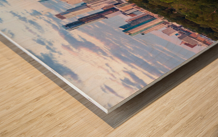 Aerial view of the Austin skyline at sunset over Barton Springs. Impression sur bois