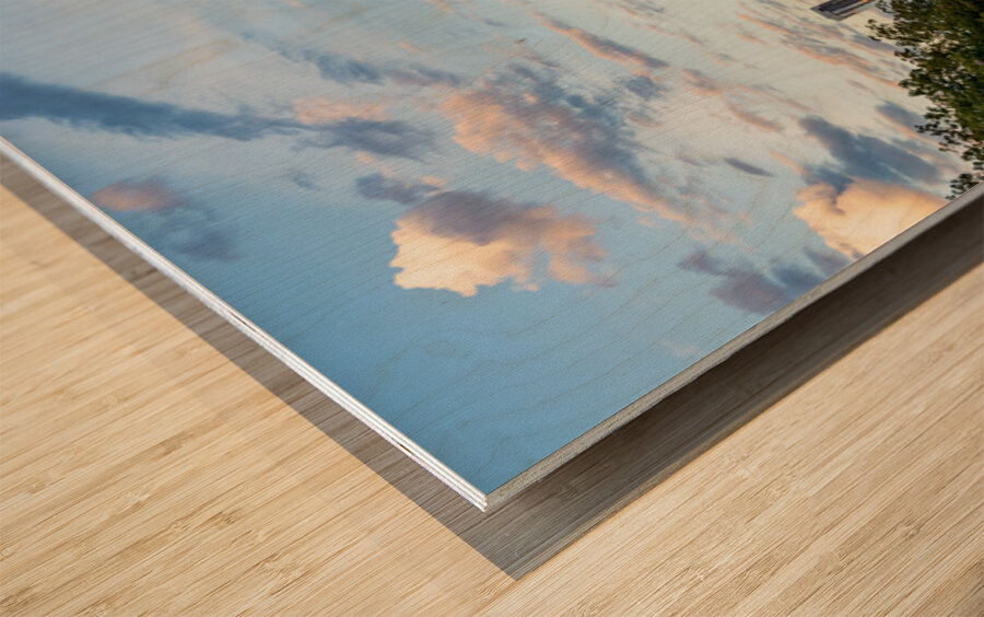 View of the Austin skyline at sunset over Barton Springs swimmin Impression sur bois