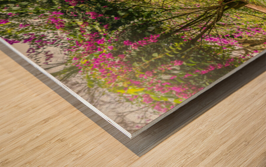 A vintage wooden rocking chair with a straw hat rests on a porch Impression sur bois