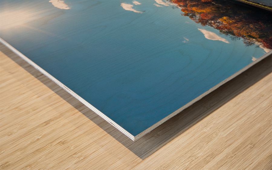 Sunburst above fall trees around the water at Cheat Lake Park Wood print