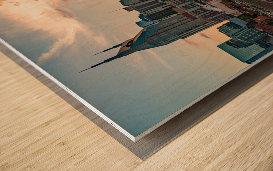 Skyline of Nashville in Tennessee during dramatic sunset over the river Wood print