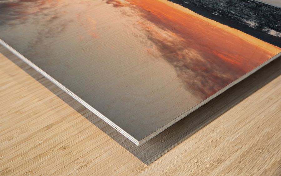 Aerial sunrise over frozen Cheat Lake Morgantown Wood print