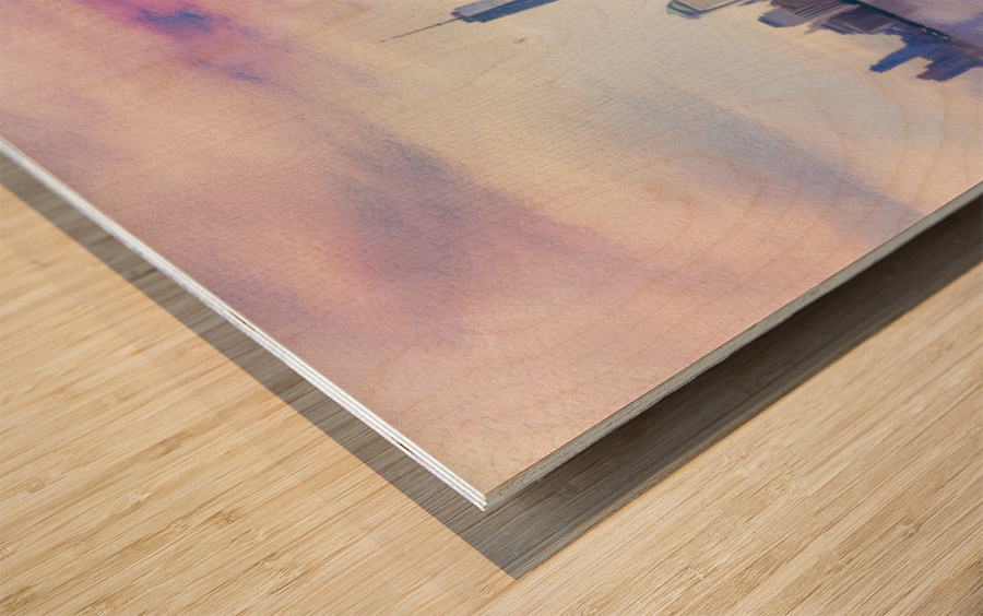 Pastel digital painting of panorama of Manhattan with calm water Wood print
