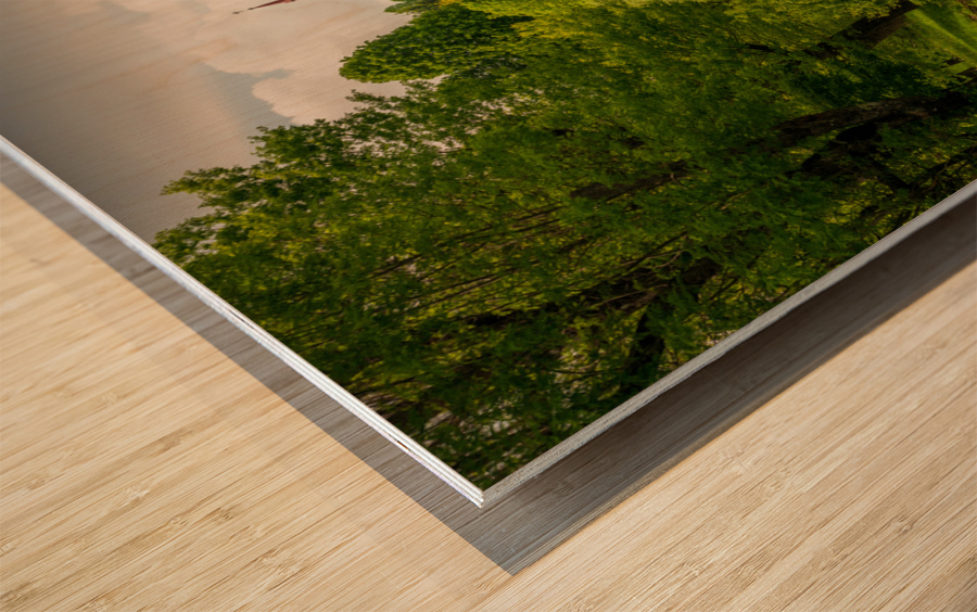 Church in the woods above peaceful river Wood print