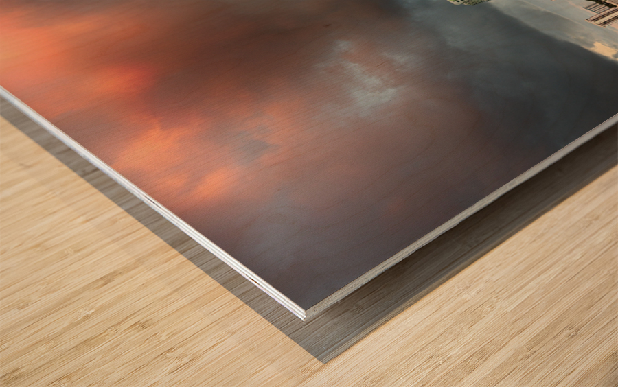 Dawn view of Miami Skyline reflected in water Wood print