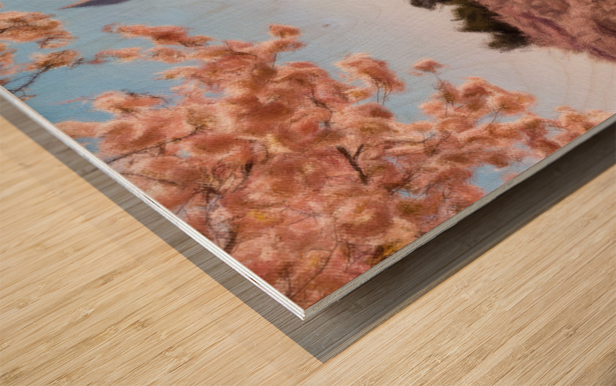 Digital art of the Washington Monument towering above blossoms Wood print