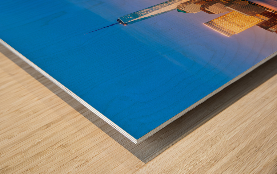 Skyline of Lower Manhattan at night Wood print