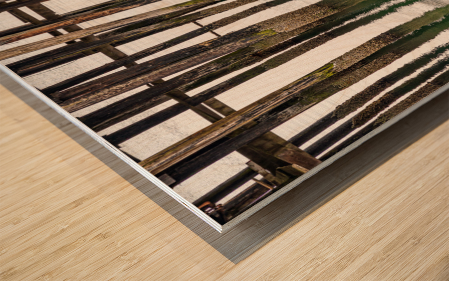 Old wooden pier structure in bay at Icy Strait Point in Alaska Wood print
