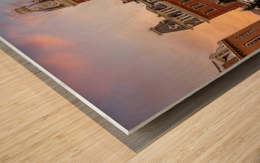 Mountaineer statue against Woodburn Hall Wood print