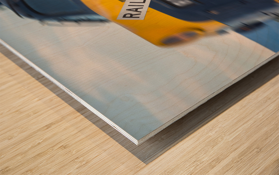 Diesel engine with railroad crossing sign Wood print