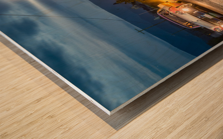 Two vintage cars racing to railroad crossing Wood print