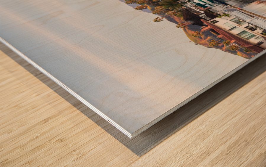 Sunrise over homes and boats ventura Wood print