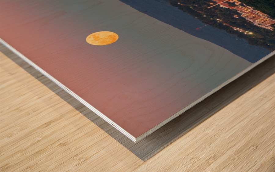 Moon rising above Downtown Morgantown Wood print