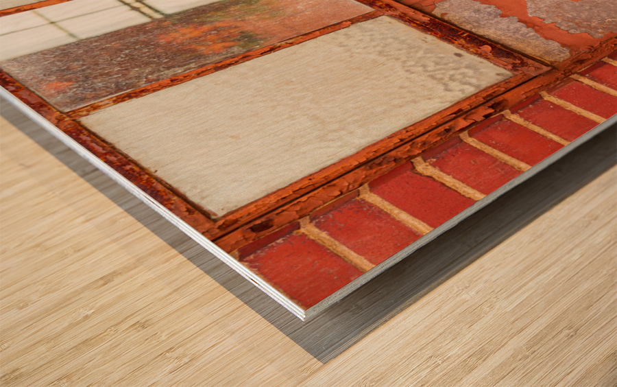 Old rusty window in warehouse painted red and orange Wood print